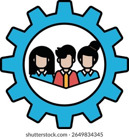 A blue and white logo with three people in it. The logo is a representation of a group of people working together
