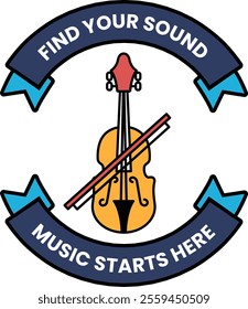 A blue and white logo with a violin and a bow