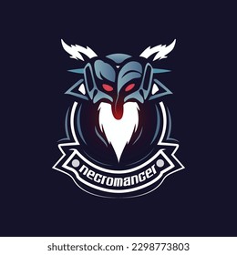 A blue and white logo with the word necromancer on it.