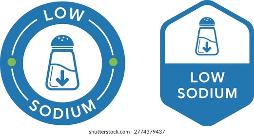 Blue and white low sodium icons featuring a salt shaker with a downward arrow for healthy food labeling.