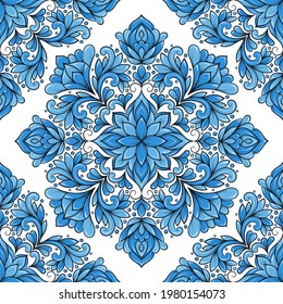 Blue and white luxury seamless pattern on a white background. Vector ornament template. Traditional Turkish, Indian motifs. Great for fabric and textile, wallpaper, packaging or any desired idea.