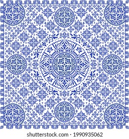 Blue and white luxury seamless pattern on a white background. Vector ornament template. Traditional Turkish, Indian motifs. Great for fabric and textile, wallpaper, packaging or any desired idea.