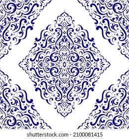 Blue and white luxury seamless pattern with mandala ornament. Traditional Arabic, Indian motifs. Great for fabric and textile, wallpaper, packaging or any desired idea.