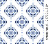 Blue and white luxury vector seamless pattern. Ornament, Traditional, Ethnic, Arabic, Turkish, Indian motifs. Great for fabric and textile, wallpaper, packaging design or any desired idea.