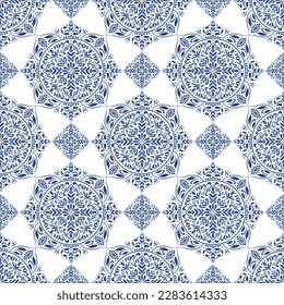 Blue and white luxury vector seamless pattern. Ornament, Traditional, Ethnic, Arabic, Turkish, Indian motifs. Great for fabric and textile, wallpaper, packaging design or any desired idea. 