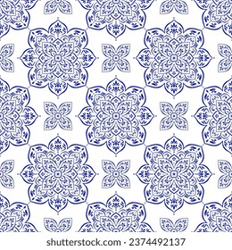 Blauer und weißer Luxus Vektor nahtloses Muster. Ornament, Traditionelle, ethnische, arabische, türkische, indische Motive. Ideal für Gewebe und Textilien, Tapeten, Verpackungsdesign oder jede erwünschte Idee.
