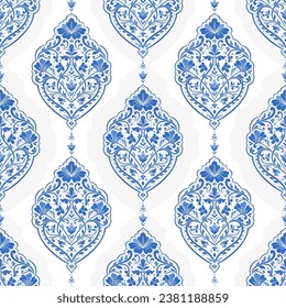 Patrón transparente vectorial de lujo azul y blanco. Ornamento, Tradicional, Étnico, Árabe, Turco, Indio. Ideal para tejidos y textiles, papel pintado, diseño de embalaje o cualquier idea deseada.