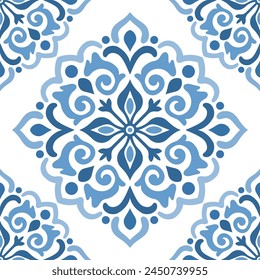 Blue and white luxury vector seamless pattern. Ornament, Traditional, Ethnic, Arabic, Turkish, Indian motifs. Great for fabric and textile, wallpaper, packaging design or any desired idea.