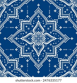 Blue and white luxury vector seamless pattern. Ornament, Traditional, Ethnic, Arabic, Turkish, Indian motifs. Great for fabric and textile, wallpaper, packaging design or any desired idea.