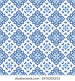 Blue and white luxury vector seamless pattern. Ornament, Traditional, Ethnic, Arabic, Turkish, Indian motifs. Great for fabric and textile, wallpaper, packaging design or any desired idea.