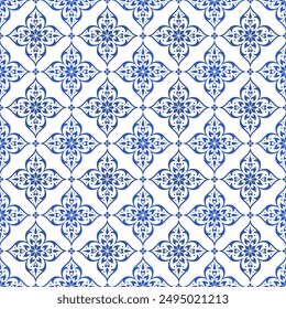 Blue and white luxury vector seamless pattern. Ornament, Traditional, Ethnic, Arabic, Turkish, Indian motifs. Great for fabric and textile, wallpaper, packaging design or any desired idea.