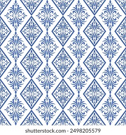 Blue and white luxury vector seamless pattern. Ornament, Traditional, Ethnic, Arabic, Turkish, Indian motifs. Great for fabric and textile, wallpaper, packaging design or any desired idea.