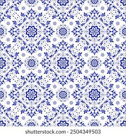 Blue and white luxury vector seamless pattern. Ornament, Traditional, Ethnic, Arabic, Turkish, Indian motifs. Great for fabric and textile, wallpaper, packaging design or any desired idea.