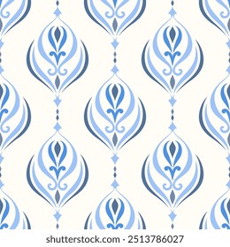 Blue and white luxury vector seamless pattern. Ornament, Traditional, Ethnic, Arabic, Turkish, Indian motifs. Great for fabric and textile, wallpaper, packaging design or any desired idea.