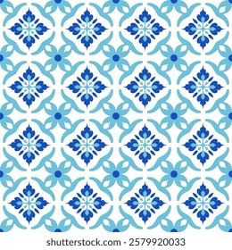 Blue and white luxury vector seamless pattern. Ornament, Traditional, Ethnic, Arabic, Turkish, Indian motifs. Great for fabric and textile, wallpaper, packaging design or any desired idea.