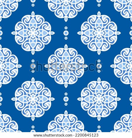 Blue and white luxury vector seamless pattern. Ornament, Traditional, Ethnic, Arabic, Turkish, Indian motifs. Great for fabric and textile, wallpaper, packaging design or any desired idea. 