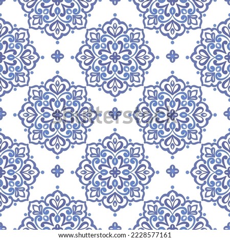 Blue and white luxury vector seamless pattern. Ornament, Traditional, Ethnic, Arabic, Turkish, Indian motifs. Great for fabric and textile, wallpaper, packaging design or any desired idea. 