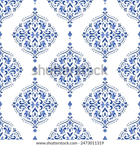 Blue and white luxury vector seamless pattern. Ornament, Traditional, Ethnic, Arabic, Turkish, Indian motifs. Great for fabric and textile, wallpaper, packaging design or any desired idea.