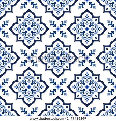 Blue and white luxury vector seamless pattern. Ornament, Traditional, Ethnic, Arabic, Turkish, Indian motifs. Great for fabric and textile, wallpaper, packaging design or any desired idea.
