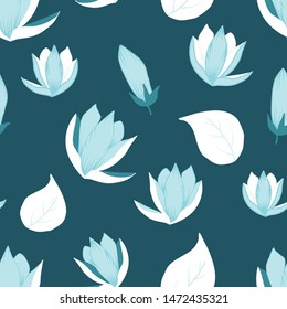 Blue and white magnolia, in a seamless pattern design, that can be used on the web or in print, for surface design