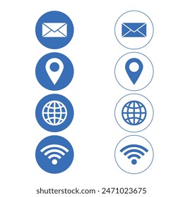 Correo azul y blanco, geolocalización, mundo e iconos de wi fi sobre un fondo blanco