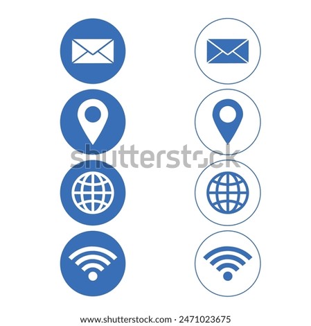 Blue and white mail, geolocation, world and wi fi icons  on a a white background