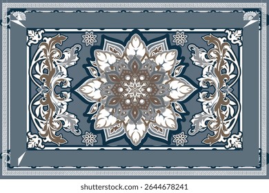 Blue and white mandala carpet pattern with floral patterns and Greek frame patterns, looks elegant and balanced, suitable for textile design, home decoration or cultural media.