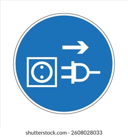 Blue and white mandatory sign indicating the location of an electrical outlet for plugging in devices.