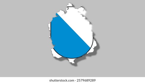 Blue and white map with border of Swiss Canton of Zürich combined with coat of arms with 3d effect. Illustration made January 31st, 2025, Zurich, Switzerland.