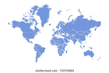 Blue and White Map of the World. Abstract Shaded by Lines Map of the World. Scheme of the World. Vector illustration.