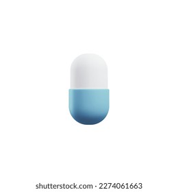 Blue and white medical capsule or drug, 3d vector illustration isolated on white background. Realistic medication - painkiller, antibiotic or bio active additive. Healthcare and pharmacy concepts.