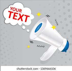 Blue and white megaphone with speech bubble isolated on gray background. Social media marketing concept.