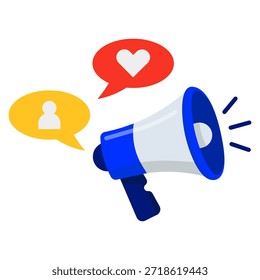 Un megáfono azul y blanco con burbujas de discurso que indican el compromiso de las redes sociales y el Comentarios positivo como un ícono del corazón y del usuario