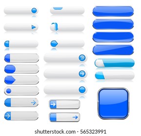 Blue and white menu buttons. Interface elements with metal frame. Vector 3d illustration isolated on white background.