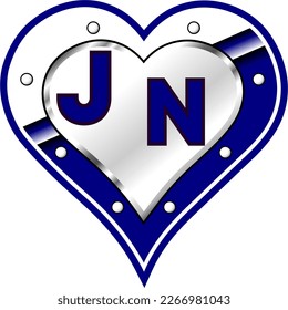 Blue and white metallic heart with initial letters J and N, shiny vector illustration, amazing love, passion and happiness vector, illustration for valentine couple. God is good!