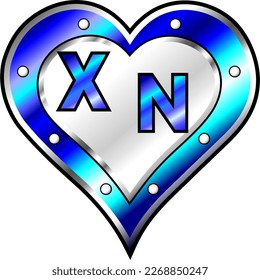 Blue and white metallic heart with initial letters X and N, shiny vector illustration, amazing love, passion and happiness vector, illustration for valentine couple. God is good!