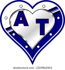 Blue and white metallic heart with initial letters A and T, shiny vector illustration, amazing love, passion and happiness vector, illustration for valentine couple. God is good!