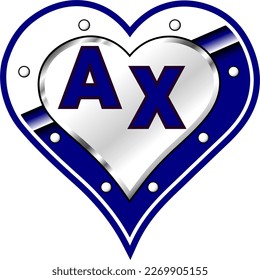 Blue and white metallic heart with initial letters A and X, shiny vector illustration, amazing love, passion and happiness vector, illustration for valentine couple. God is good!