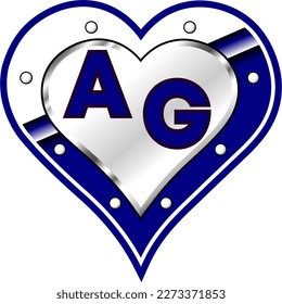 Blue and white metallic heart with initial letters A and G, shiny vector illustration, amazing love, passion and happiness vector, illustration for valentine couple. God is good!