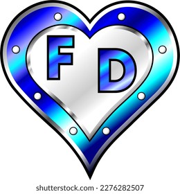 Blue and white metallic heart, initial letters F and D, shiny vector illustration, amazing love, passion and happiness vector, illustration for valentine couple. God is good!