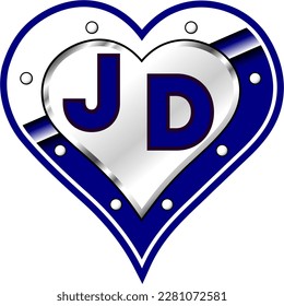 Blue and white metallic heart with letters J and D, shiny vector illustration, amazing love, passion and happiness vector, illustration for valentine couple. God is good!