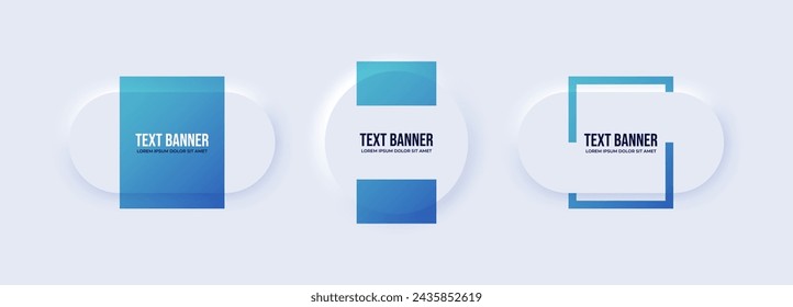 Blue and white minimalist 3 vector banner set. Business art neumorphic templates on white background. Rounded rectangles and  circle shapes with ribbons and frame casting realistic shadows