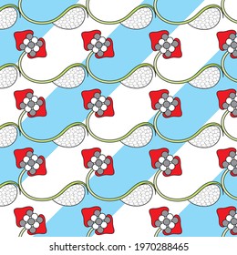 blue and white mix background with floral red pattern