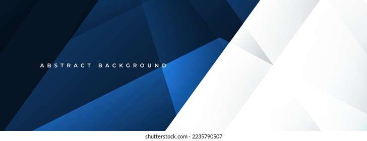 Blue and white modern abstract wide banner with geometric shapes. White and dark blue abstract background. Vector illustration