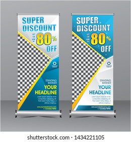 blue and white modern geometry standing banner template super special offer sale discount