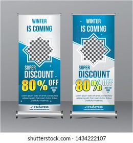 blue and white modern geometry standing banner template super special offer sale discount, winter sale