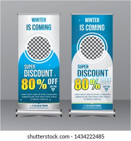 blue and white modern geometry standing banner template super special offer sale discount, winter sale promotion