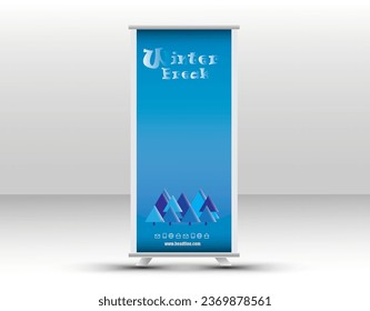 geometría moderna en azul y blanco plancha de banner de pie, banners de venta en invierno, texto, letras, tarjeta de rack corporativo, diseño de volante, invierno o venta estacional Rolling Up Banner Template Design para cualquier empresa 