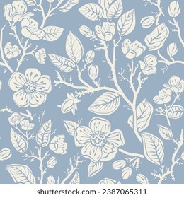 Blue and white monochrome seamless floral pattern. Decorative wrapping paper with flowers and plants. Stylized flowers design for fabric, textile, cover, paper, web, scrapbooking, rug 