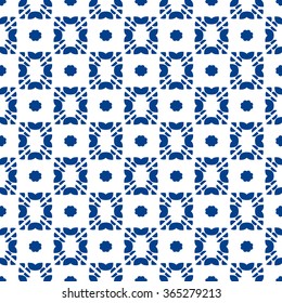 Blue and white moroccan seamless pattern. Oriental abstract motifs. Ceramic or textile geometry pattern tiles.
